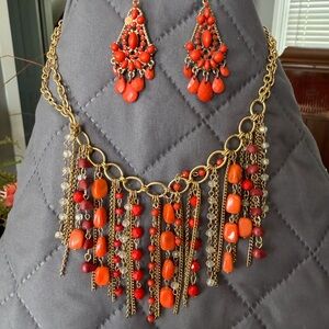 Bold Orange Fringe Statement Necklace & Earrings Set